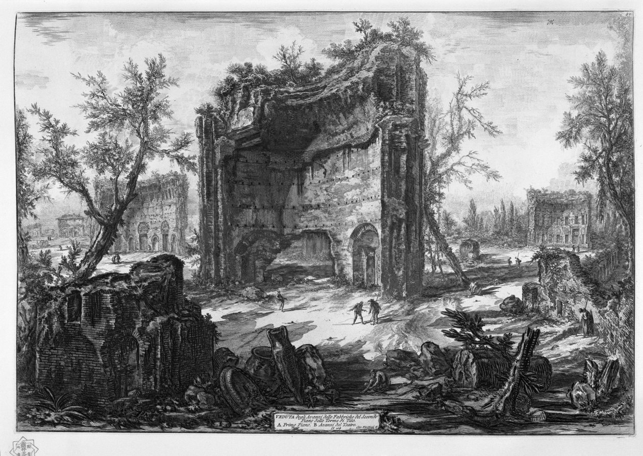 NÉZET a Terme di Tito második emeletén található gyárak maradékairól. Az első emeleten. B Színházi maradék alkotó: Giovanni Battista Piranesi