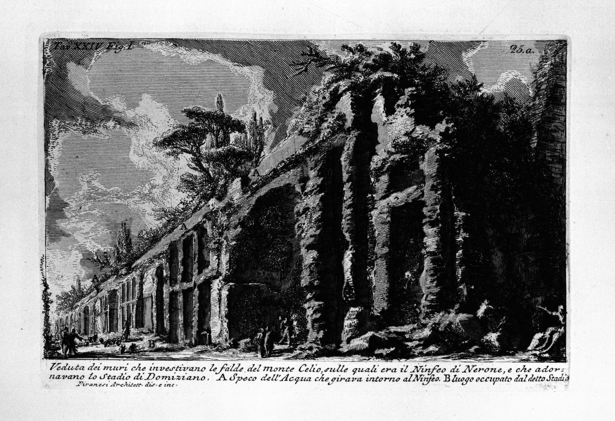 Kilátás a Celio -hegy lejtőit borító falakra, amelyeken Nero nimfája volt, és amelyek a Domitianus stadionját díszítették alkotó: Giovanni Battista Piranesi