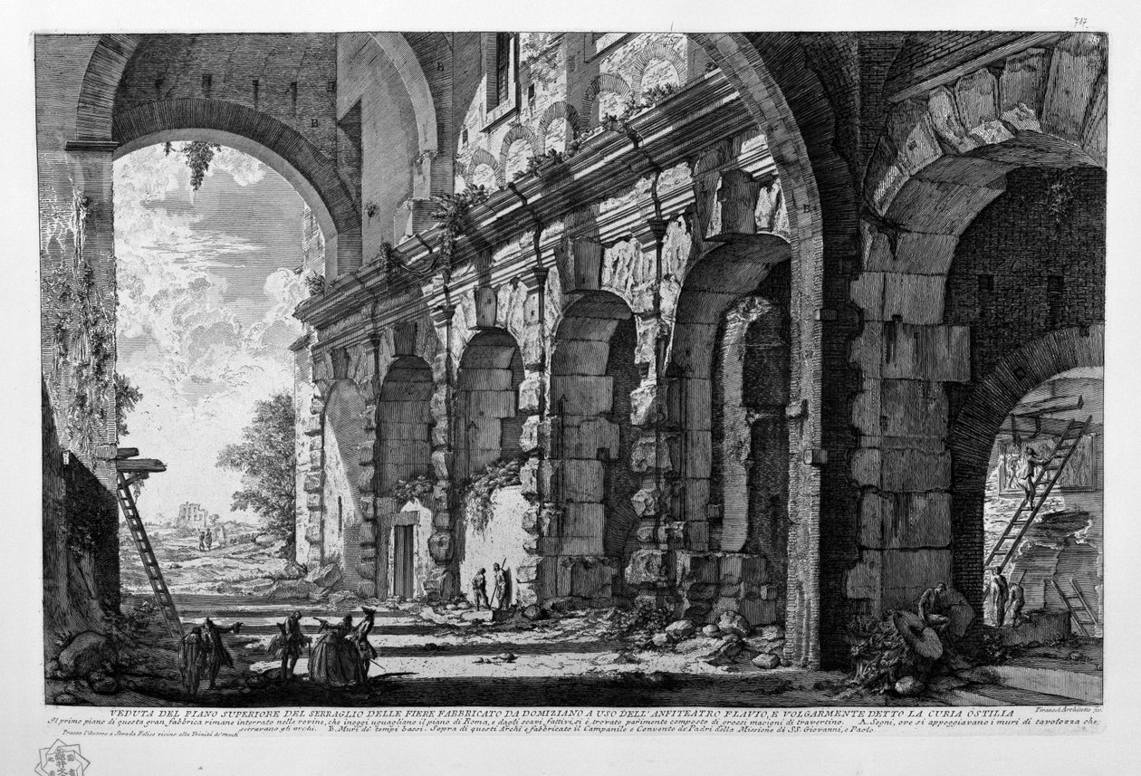 Kilátás a Domitianus által a flaviai amfiteátrum használatára épített seraglio delle fiere felső emeletére, közismert nevén Curia Ostilia alkotó: Giovanni Battista Piranesi