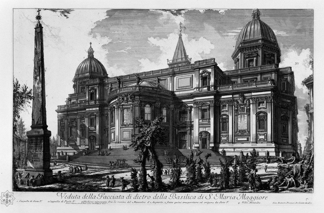 Kilátás a Santa Maria Maggiore bazilika hátsó homlokzatára Sixtus V. V. Pál kápolnája. Az Augustus mauzóleuma romjai között talált Esquiline obeliszk, amelyet Sixtus V. Villa Montalto szállított és állított fel alkotó: Giovanni Battista Piranesi
