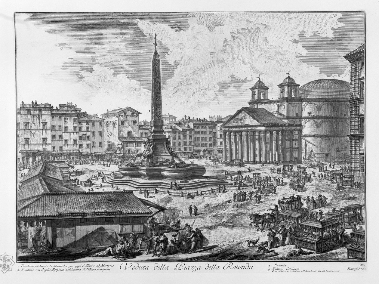 Kilátás a Piazza della Rotonda Pantheonra, amelyet Marco Agrippa épített ma S. Maria ad Martyres szökőkút egyiptomi torony építészetével Filippo Barigioni Pescaria Palazzo Crescenzi alkotó: Giovanni Battista Piranesi
