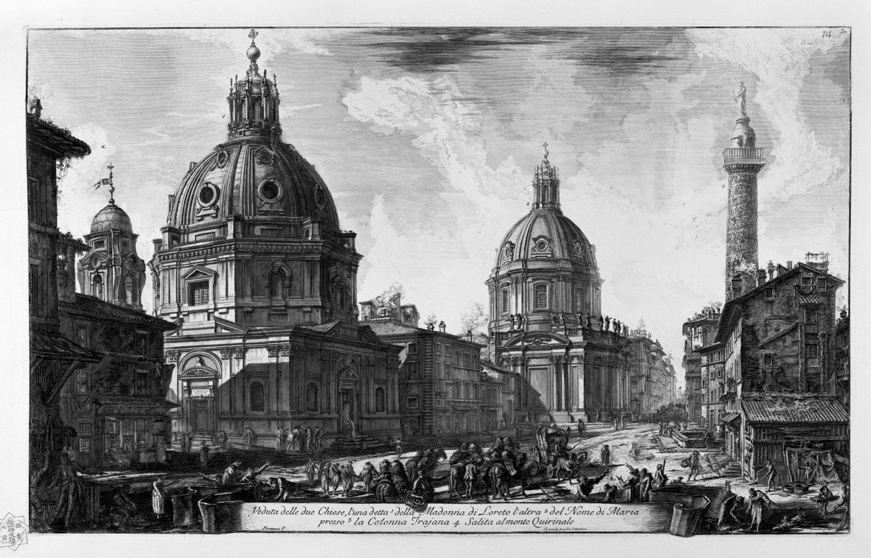 Kilátás a két templomra. Santa Maria di Loreto templom A Santissimo Nome di Maria Colonna Traiana temploma. Feljutás a Quirinale -hegyre alkotó: Giovanni Battista Piranesi
