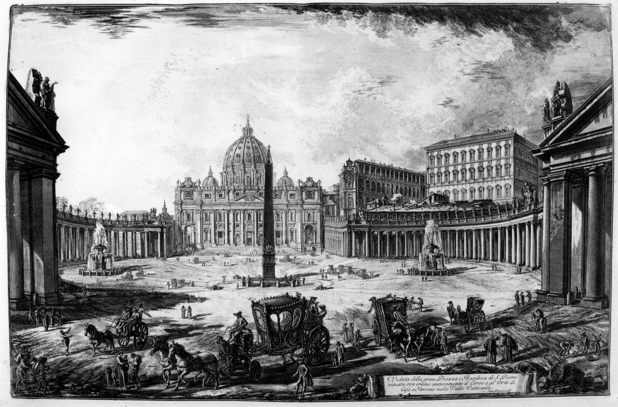 Kilátás a Szent Péter-bazilikára és a Piazza térre, a "Róma kilátásai" sorozatból, 1760 körül alkotó: Giovanni Battista Piranesi