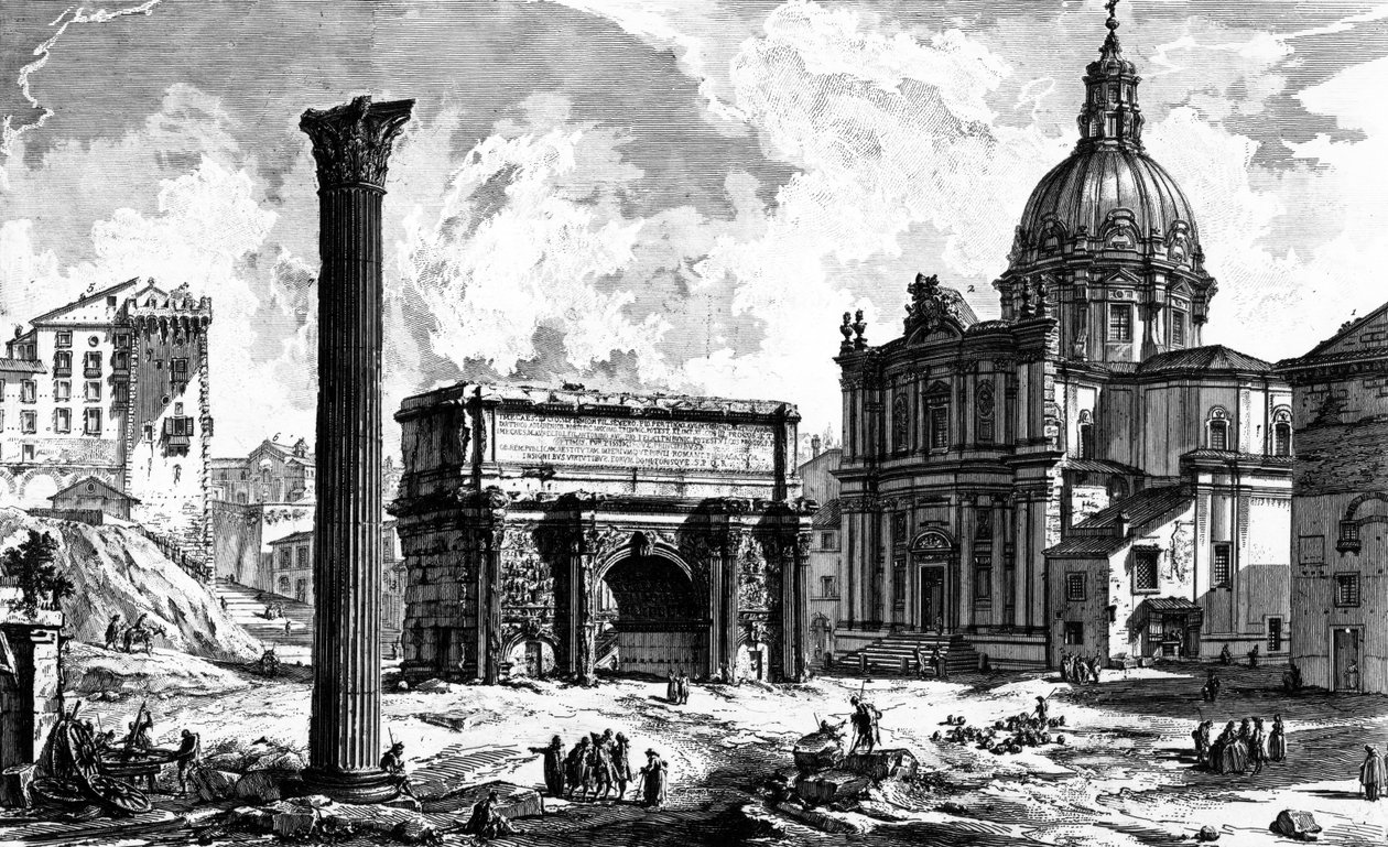 A Septimius Severus boltív és a Santi Luca e Martina templom látképe, a "Róma kilátásai" sorozatból, 1760 körül (rézkarc) alkotó: Giovanni Battista Piranesi