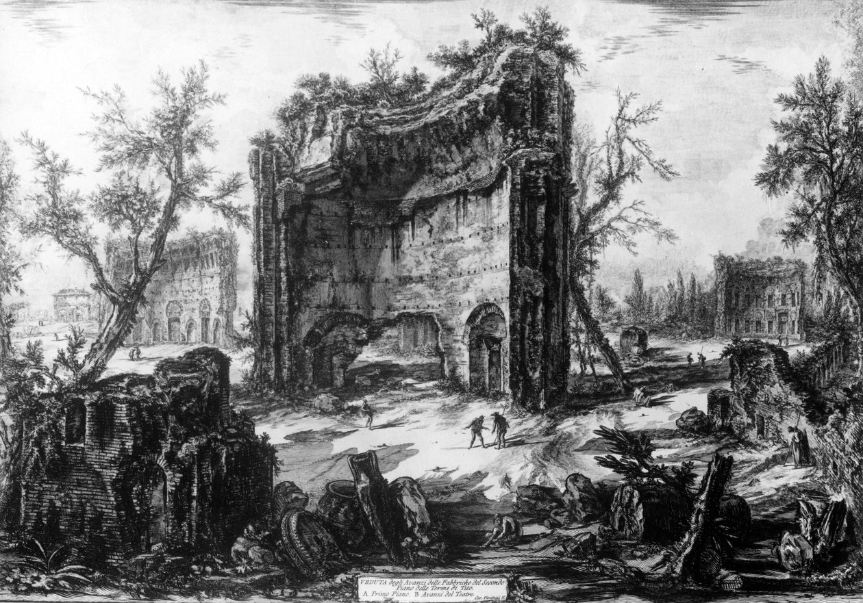 Kilátás Traianus fürdőjére, a "Róma kilátásai" sorozatból, 1760 körül alkotó: Giovanni Battista Piranesi
