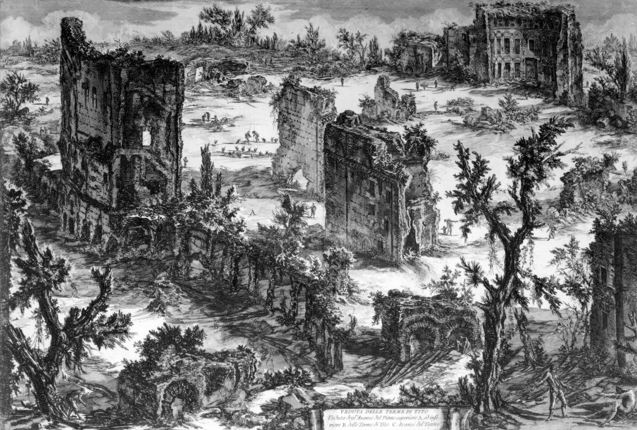 Kilátás Traianus fürdőjére, a "Róma kilátásai" sorozatból, 1760 körül alkotó: Giovanni Battista Piranesi