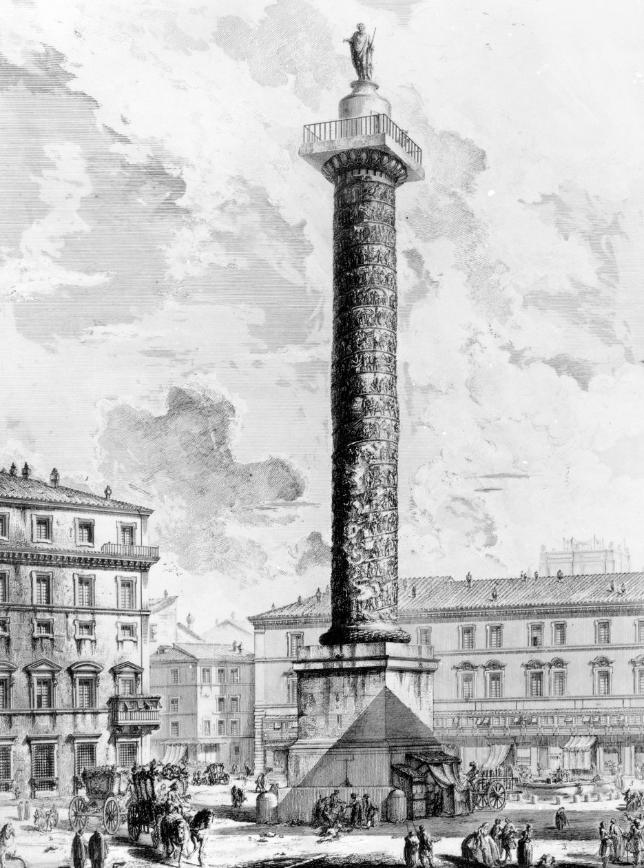 Marcus Aurelius oszlopának kilátása a Piazza Colonnán, a "Róma kilátásai" sorozatból, 1760 körül alkotó: Giovanni Battista Piranesi
