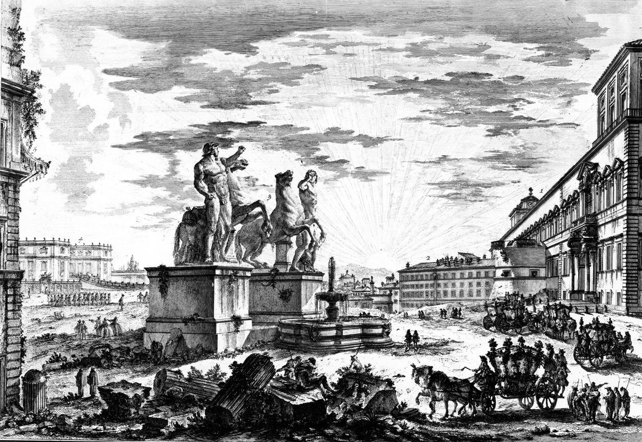 Kilátás a Piazza di Monte Cavallo-ra vagy a Piazza del Quirinale-ra, a "Róma kilátásai" sorozatból, 1760 körül alkotó: Giovanni Battista Piranesi