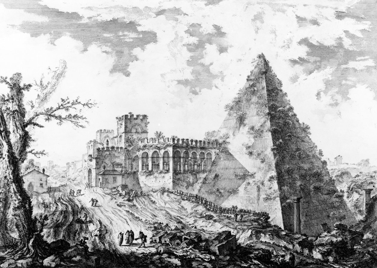 Kilátás Caius Cestius piramisára, a "Róma kilátásai" sorozatból, 1760 körül alkotó: Giovanni Battista Piranesi
