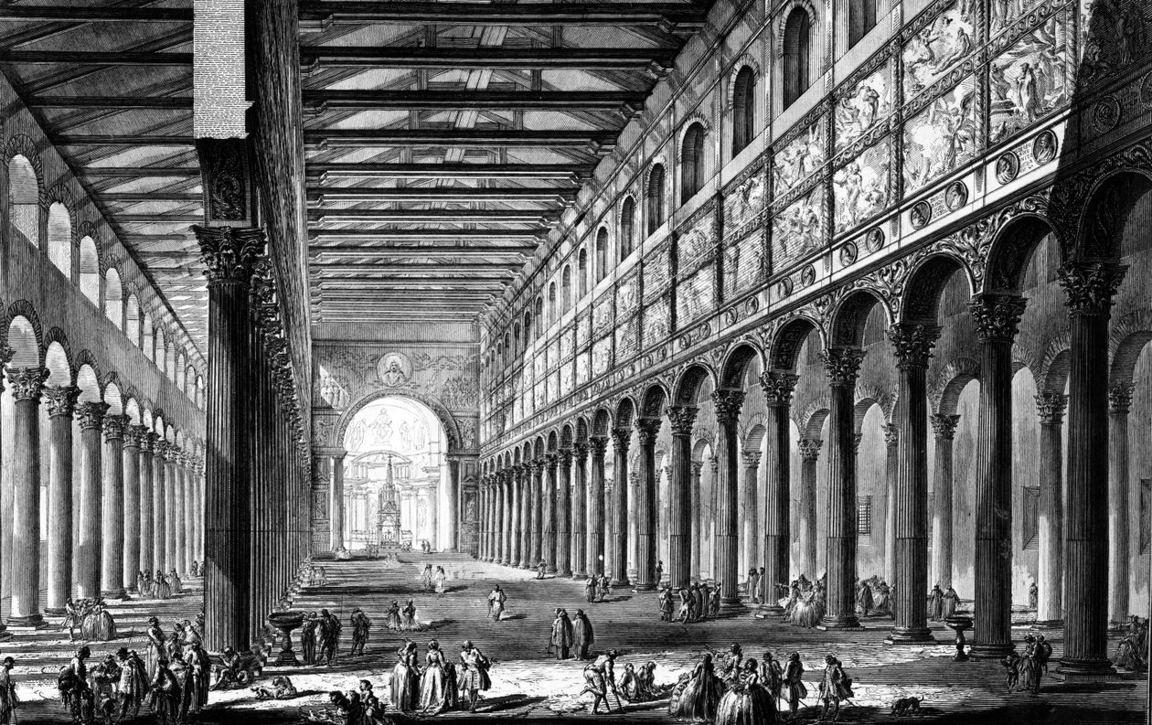 Kilátás a San Paolo fuori le Mura-bazilika belsejére, a "Róma kilátásai" sorozatból, 1760 körül alkotó: Giovanni Battista Piranesi