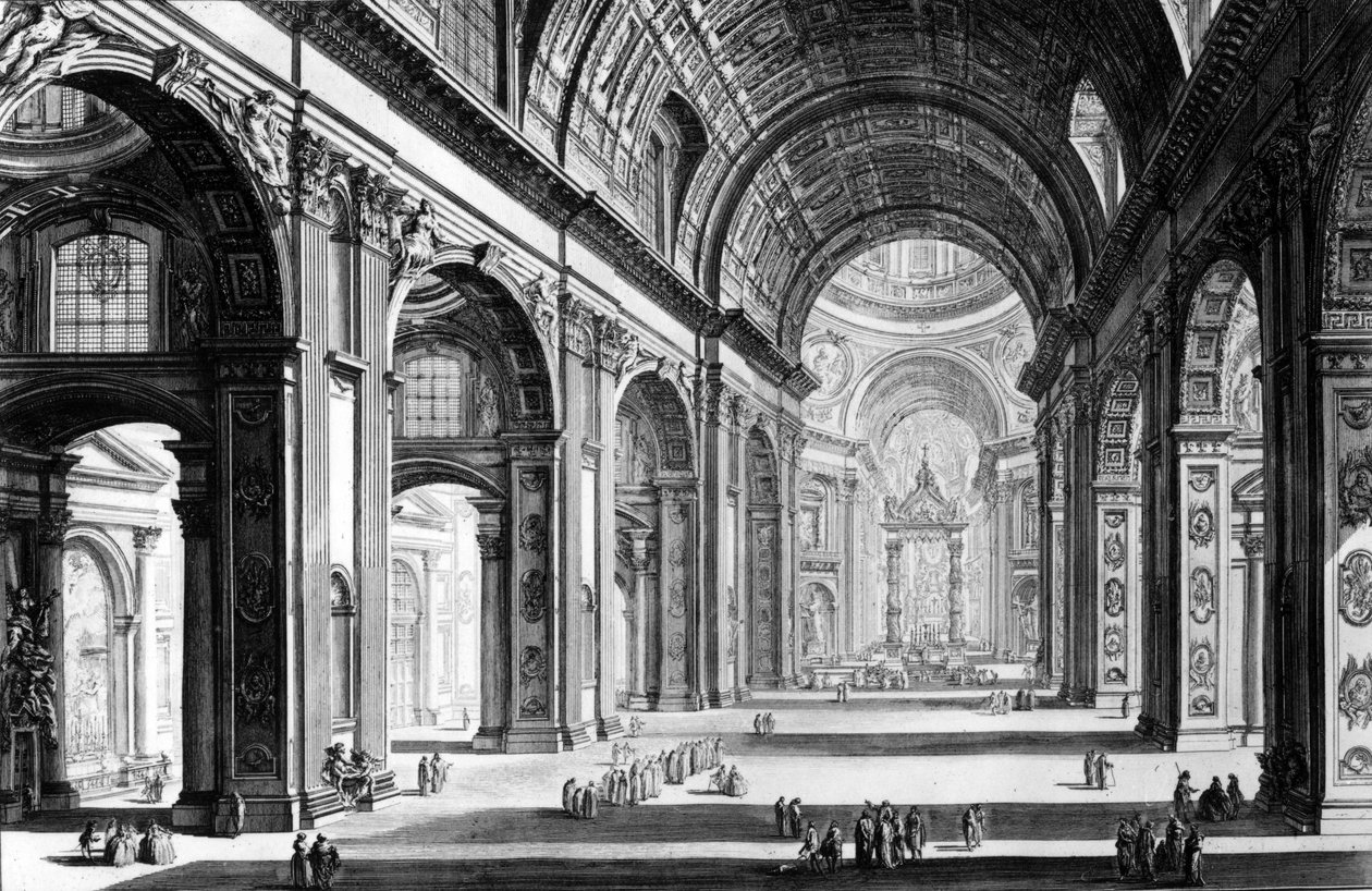 Kilátás a Szent Péter-bazilika belsejére, a "Római kilátások" sorozatból, 1760 körül alkotó: Giovanni Battista Piranesi
