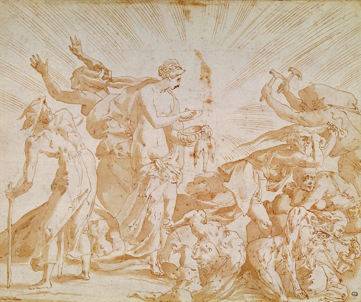 Pandora kinyitja a dobozt (toll, tinta és mosás papíron) alkotó: Giovanni Battista Rosso Fiorentino