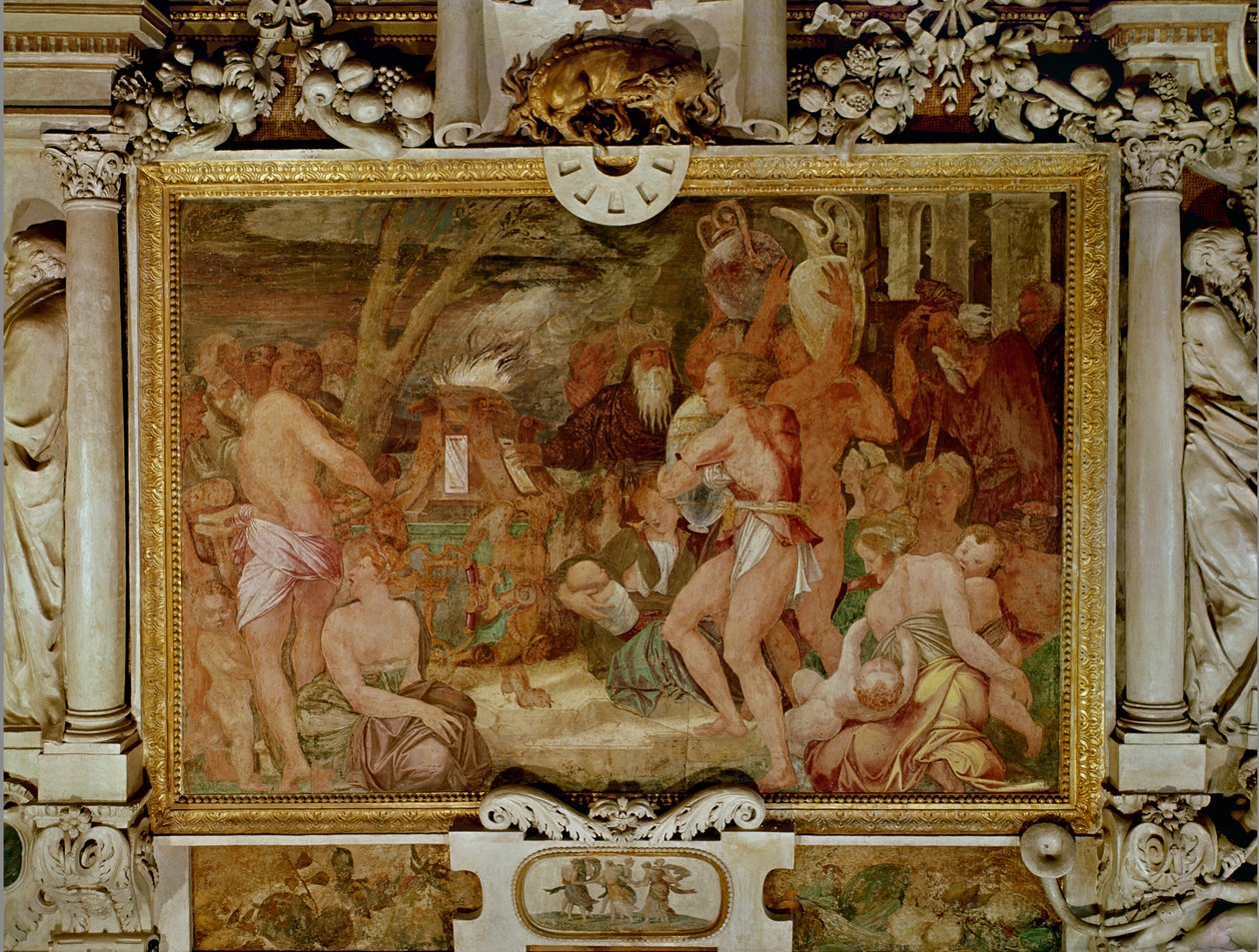 Katanai ikrek, anapiák és amphinamusok az áldozati oltárnál, az I. Ferenc Képtár dekorációs sémájának részlete (1494-1547) 1535-40 (freskó és stukkó) alkotó: Giovanni Battista Rosso Fiorentino