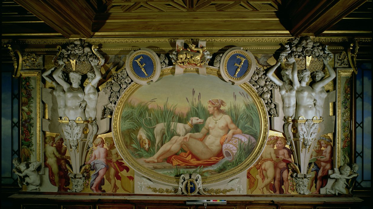 A fontainebleau-i nimfa, az I. Ferenc Képtár dekorációs séma részlete, 1530-40 freskó és stukkó alkotó: Giovanni Battista Rosso Fiorentino