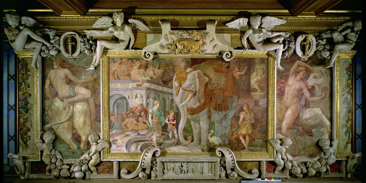 A diadalmas elefánt, allegorikus tisztelgés I. Ferenc előtt, dekorációs séma részlet az I. Ferenc Képtárban, 1530-40 freskó és stukkó alkotó: Giovanni Battista Rosso Fiorentino