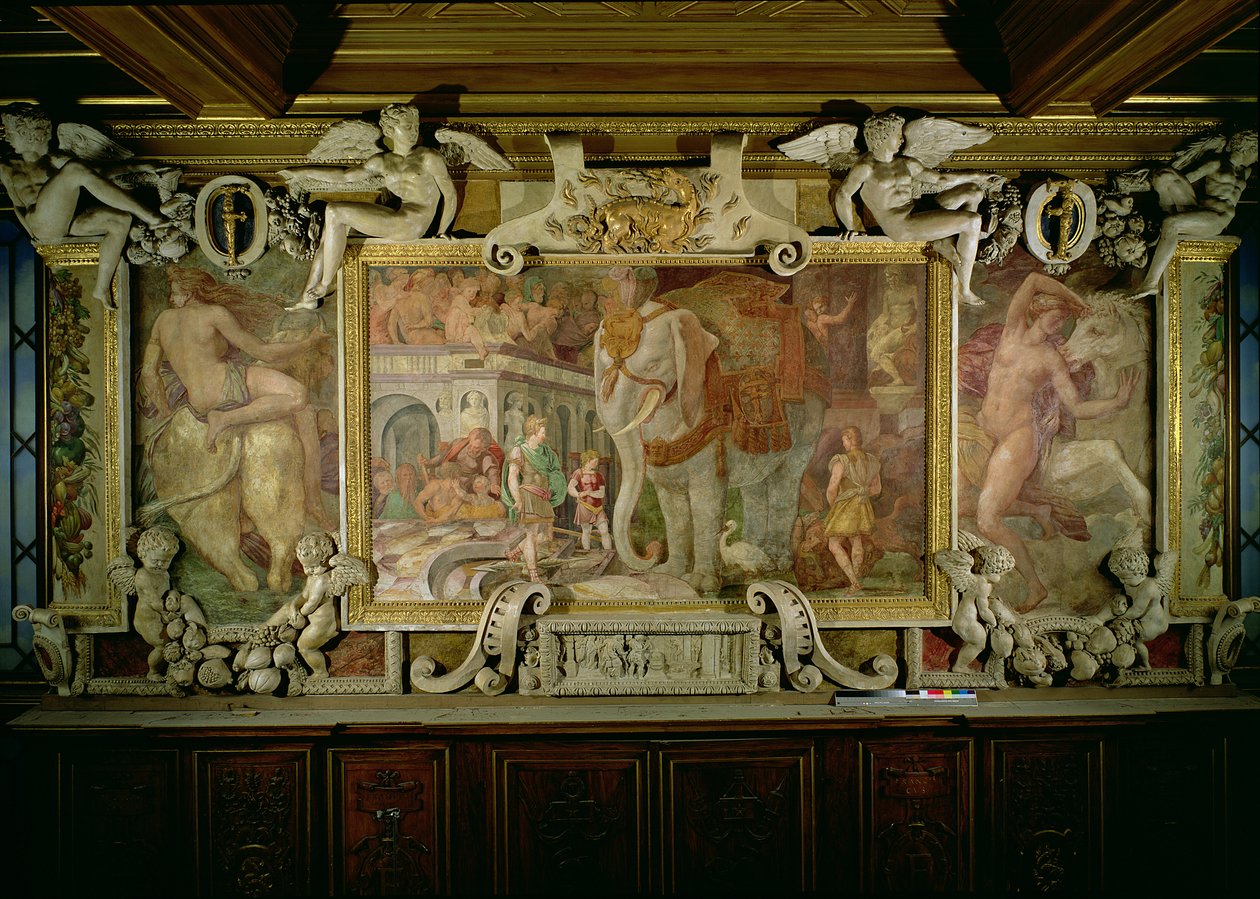 A diadalelefánt, allegorikus tisztelgés I. Ferenc előtt, dekorációs séma részlet az I. Ferenc Képtárban, 1530-40 freskó és stukkó alkotó: Giovanni Battista Rosso Fiorentino