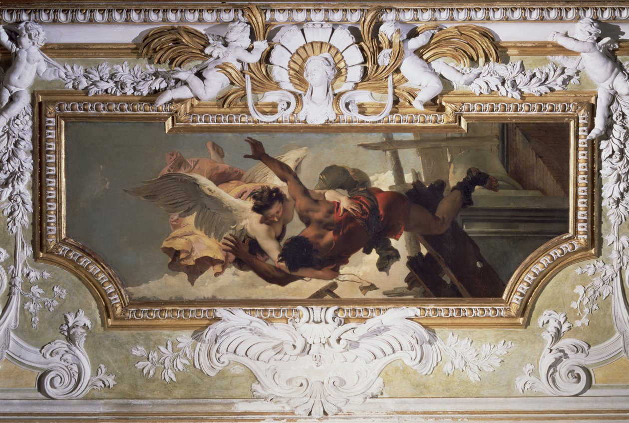 Egy angyal megment egy lezuhanó mesterembert az összeomló állványzattól, a „Sala Capitolare”-ból (A megadás csarnoka) 1749 körül alkotó: Giovanni Battista Tiepolo