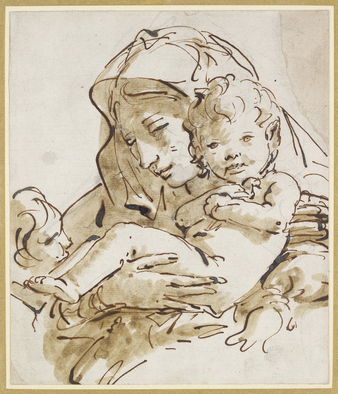 A Szűzanya és gyermeke a csecsemő Szent Jánossal (toll és barna tinta barna mosással fekete krétával, fehér papírra) alkotó: Giovanni Battista Tiepolo