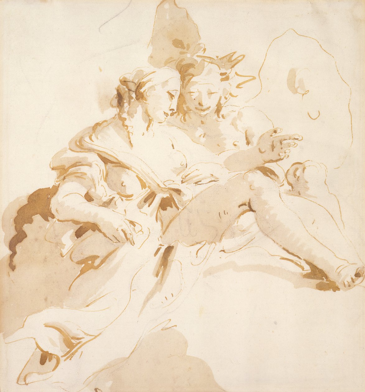 Zephyr és Flora (toll és barna tinta, barna mosással, fekete krétával, papíron) alkotó: Giovanni Battista Tiepolo