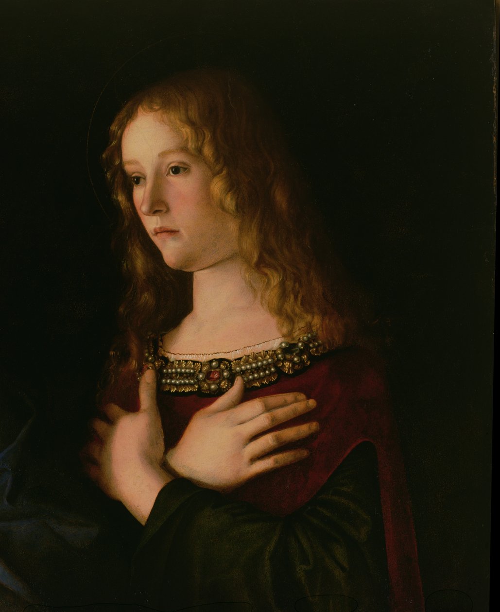 Mária Magdolna, részlet a Szűzről és a Gyermekről Szent Katalinnal és Mária Magdolnával, 1500 körül alkotó: Giovanni Bellini