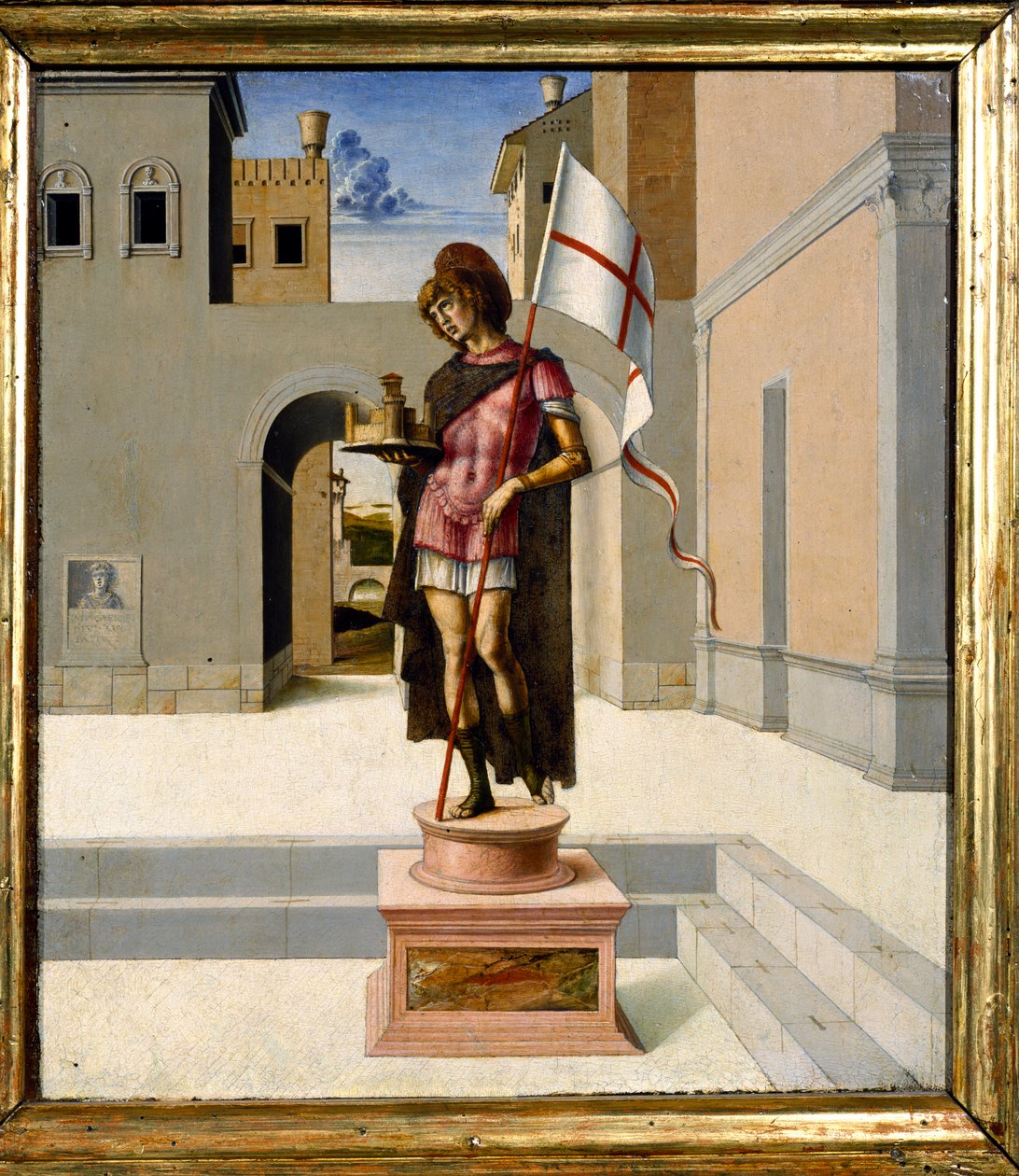 Polikróm szoborként ábrázolt Szent György a város főterén, predella (tábla) (lásd még: 85578) alkotó: Giovanni Bellini