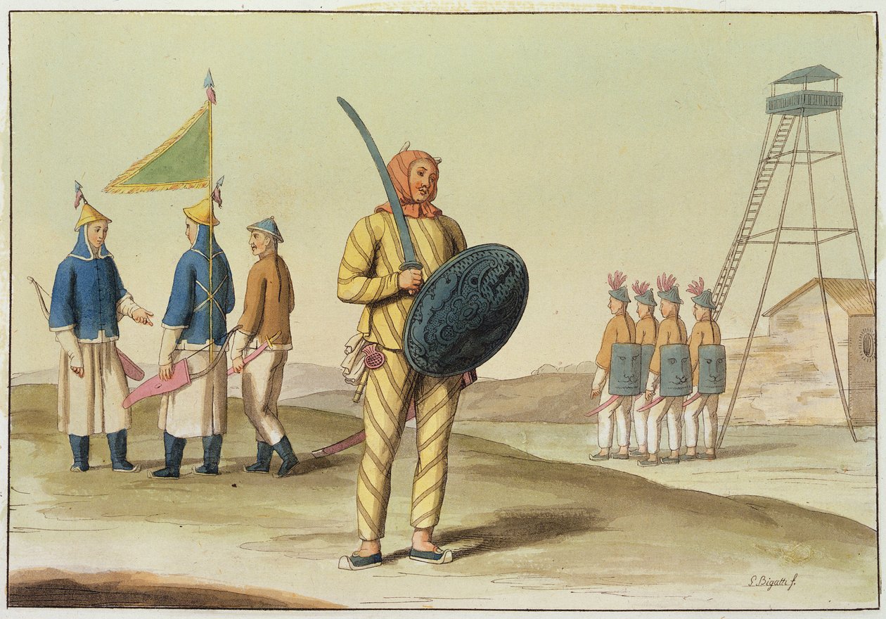 Egy kínai gyalogos, illusztráció Giulio Ferrario „Le Costume Ancien et Moderne” című művéből, megjelent az 1820-as és 30-as évek körül alkotó: Giovanni Bigatti