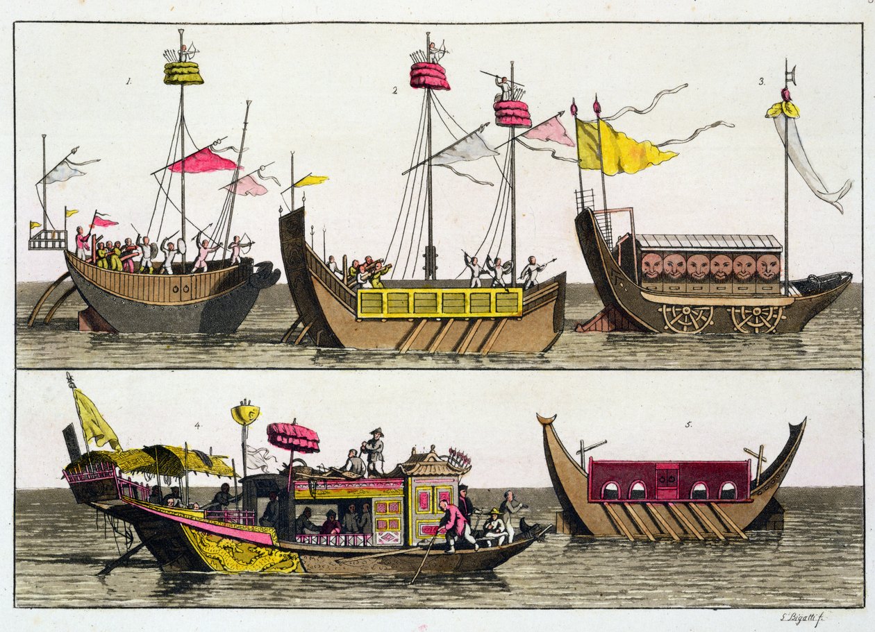 Példák kínai hajókra, illusztráció Giulio Ferrario „Le Costume Ancien et Moderne” című művéből, megjelent az 1820-as és 30-as évek körül alkotó: Giovanni Bigatti