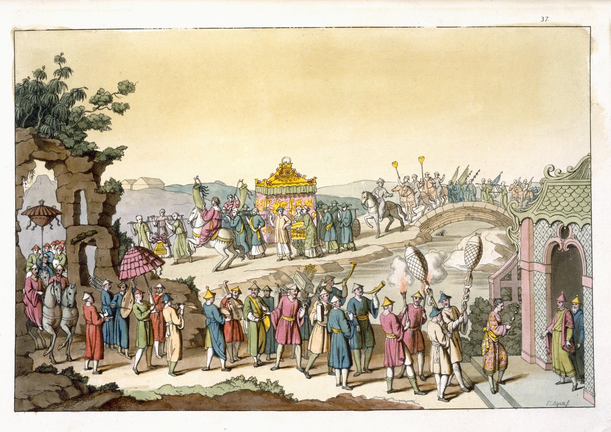 Felvonulás egy taoista hagyományos esküvőre, illusztráció Giulio Ferrario „Le Costume Ancien et Moderne” című művéből, megjelent az 1820-as és 30-as évek körül alkotó: Giovanni Bigatti