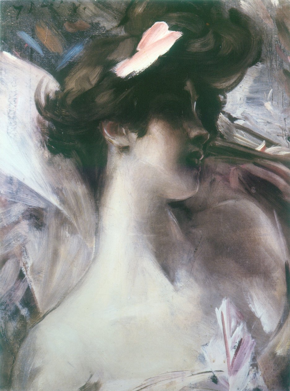 Egy fiatal férfi feje rosan háttérrel alkotó: Giovanni Boldini