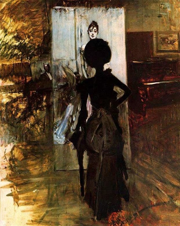  Woman in Black, who Watches the Pastel of Signora Emiliana Concha de OssanDeutsch: Frau in Schwarz, die auf das Pastellbild von Signora Emiliana Concha de Ossa schautnPolski: Kobieta w czerni, patrzaca na pastel signory Emiliany Concha de Ossyn alkotó: Giovanni Boldini