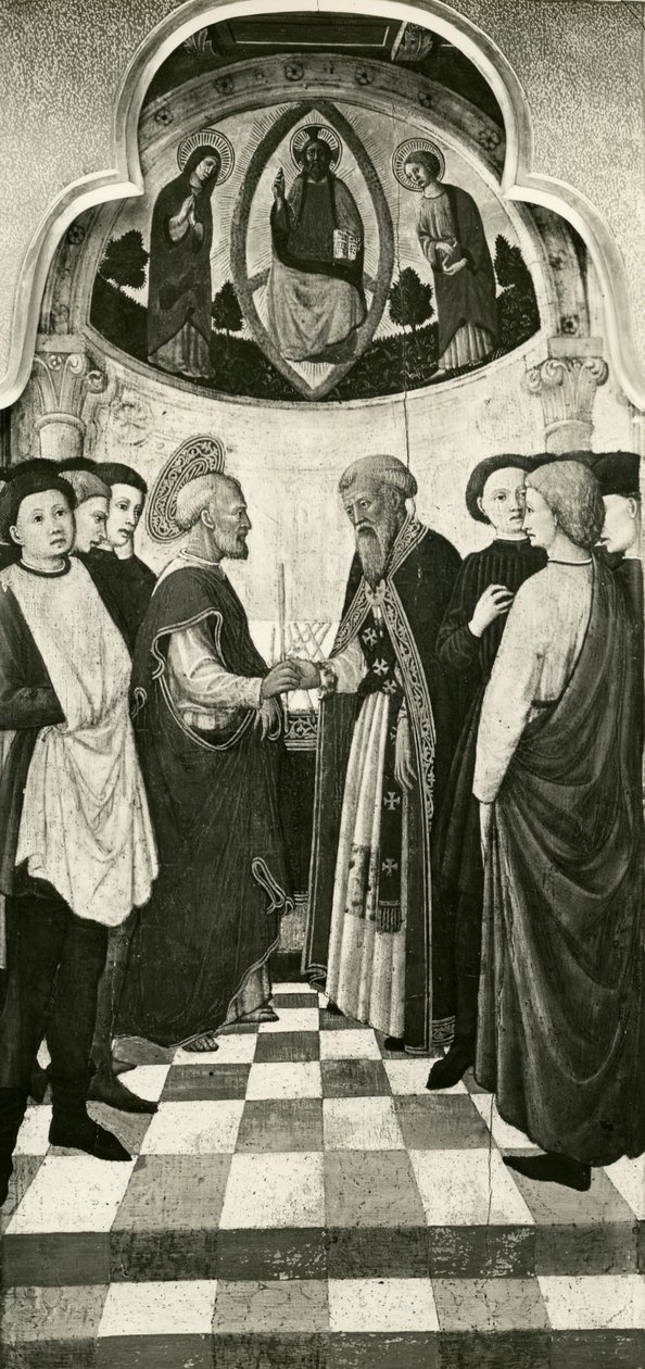 Szűz Mária életének ciklusa, Szűz Mária felszentelése a templomban, 1445 körül olaj, nyárfa tábla, fekete-fehér fotó alkotó: Giovanni Francesco da Rimini