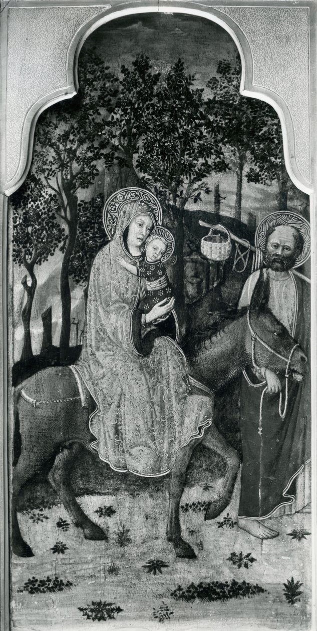 A Szűzanya életének ciklusa, Menekülés Egyiptomba, 1445 körül olaj, nyárfa tábla fekete-fehér fotó alkotó: Giovanni Francesco da Rimini