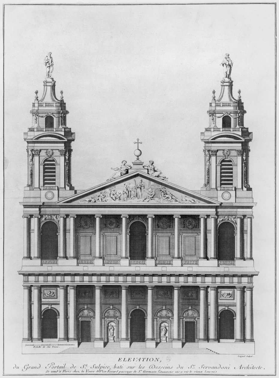 Saint-Sulpice-templom, a homlokzat magaslata, Párizs, Loignel vagy Laignel metszete alkotó: Giovanni Niccolo Servandoni