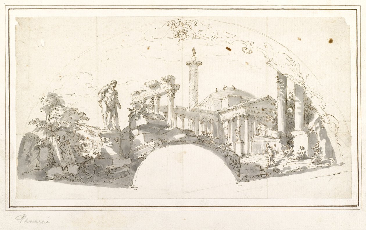 Tervezés egy Fan- Capriccio római romokkal és a Farnese Herculesszel alkotó: Giovanni Paolo Pannini