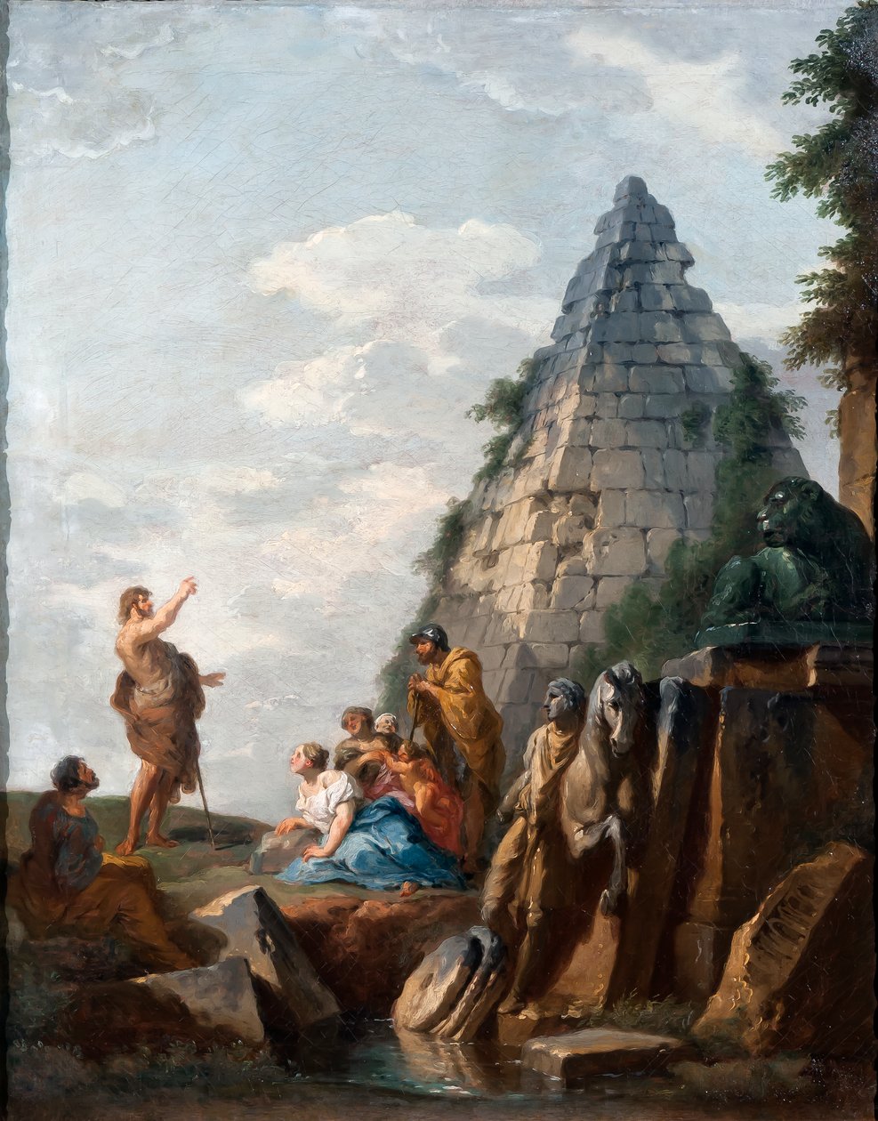 Capriccio Keresztelő Szent János prédikációjával, a Cestius-piramis és más klasszikus emlékművek, 1745 alkotó: Giovanni Paolo Pannini