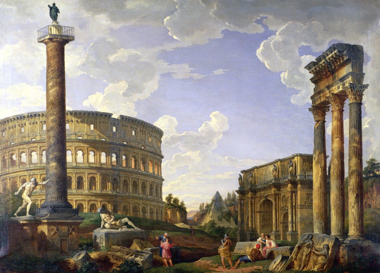 Római Capriccio bemutatja a Colosseumot, a Borghese harcost, a Traianus-oszlopot, a haldokló Galliát, Cestius sírját, Konstantin ívét, valamint Castor és Pollux templomát alkotó: Giovanni Paolo Pannini