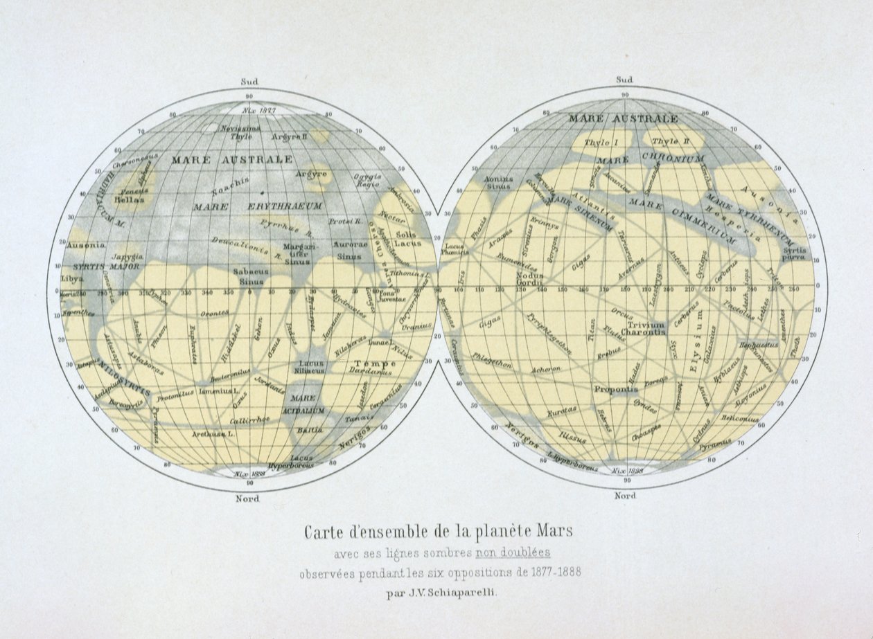 A Mars bolygó összerakott térképe hat ellentét során, 1877-88 között végzett megfigyelésekből alkotó: Giovanni Schiaparelli