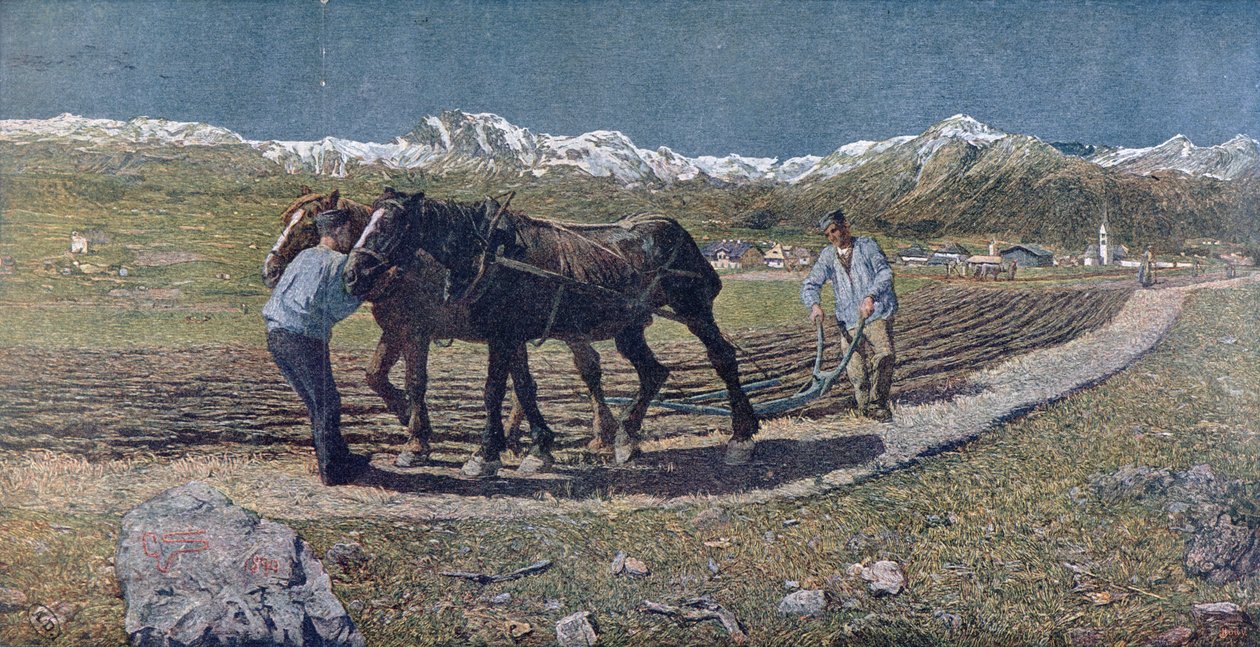 Parasztok szántanak egy mezőn Észak-Olaszországban, illusztráció az "Allemand Jugend" magazinból. 1879 alkotó: Giovanni Segantini