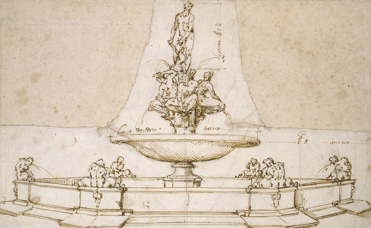 Design for a Fountain (pen and brown ink over indications in black chalk and indentations with the stilus on white paper) alkotó: Giovanni da Bologna
