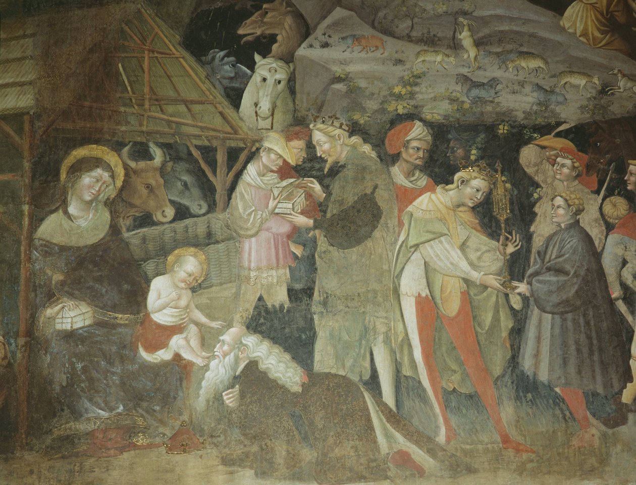Születési jelenet a Bölcsek útja ciklusból, Bolognini-kápolna, 1420 körüli freskó alkotó: Giovanni da Modena