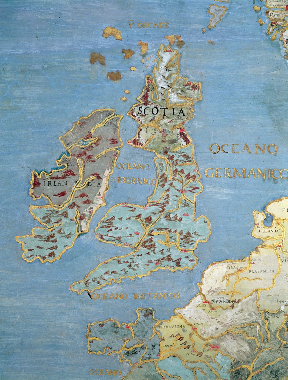 A 16. századi Nagy-Britannia és Észak-Franciaország térképe a „Sala del Mappamondo”-ról (a Világtérképek Csarnokáról) 1574-75 körül (95818 részlet) alkotó: Giovanni de Vecchi