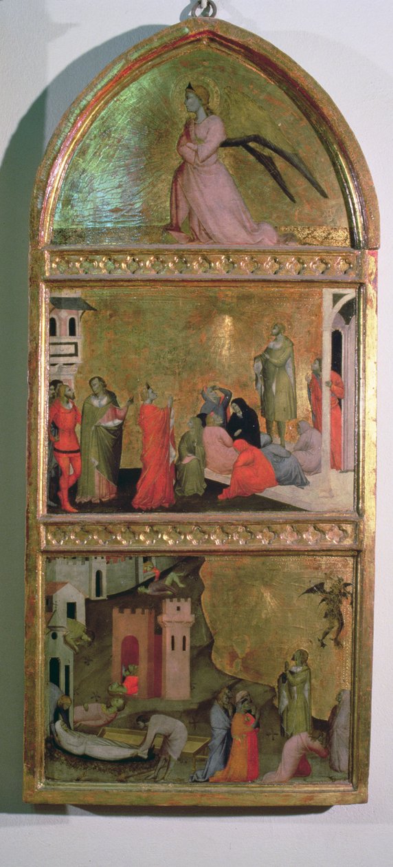 Szent Sebestyén vértanúsága oltárkép, oldalpanel Gábriel angyalt és jeleneteket a szent tempera életéből a 94767-es táblarészleten alkotó: Giovanni di Niccolo del Biondo