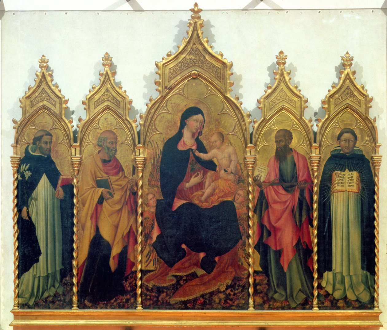 Madonna és gyermeke SS-sel. Domonkos, Péter, Pál és Aquinói Tamás, oltárkép, 1445 (tempera a táblán) alkotó: Giovanni di Paolo