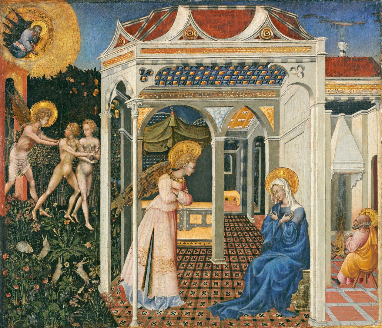 Az Angyali üdvözlet és a Kiűzetés a Paradicsomból c. 1435 (tempera a panelen) alkotó: Giovanni di Paolo