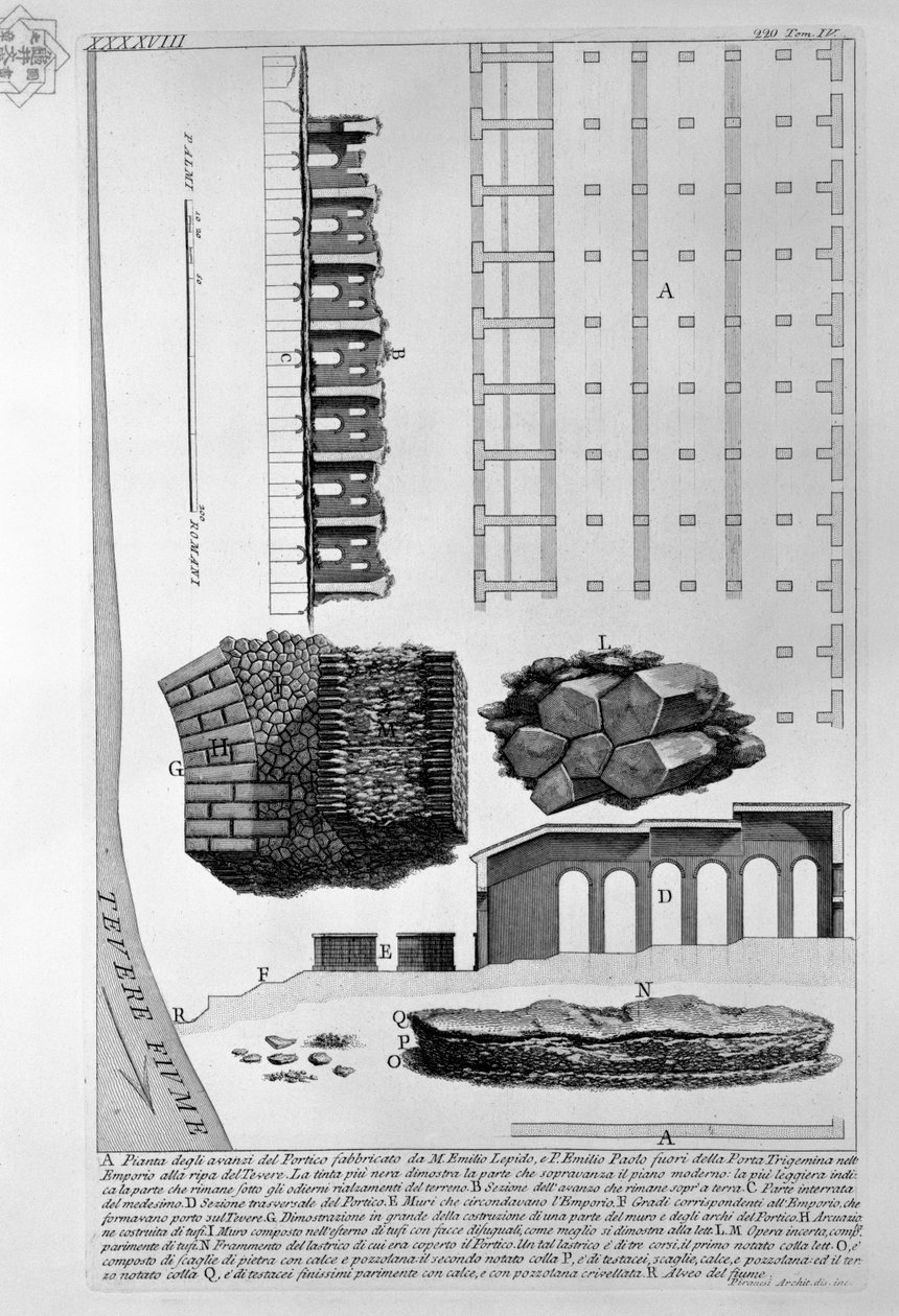 A M. Emilio Lepido és P. Emilio Paolo által épített Portico maradványainak bemutatása a Porta Trigemina mellett az Emporio -ban, a Tiber partján alkotó: Giovanni Battista Piranesi