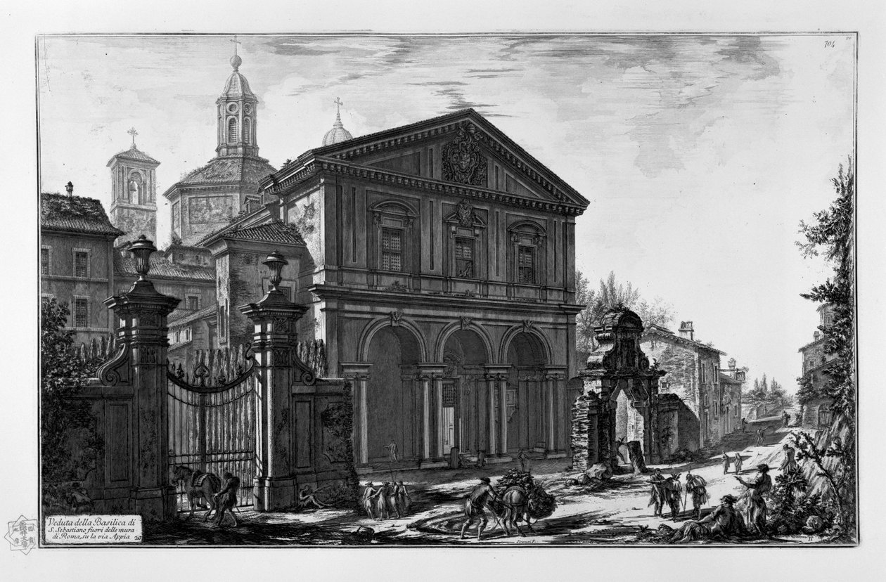 Kilátás a San Sebastiano -bazilikára Róma falain kívül, a Via Appia -n alkotó: Giovanni Battista Piranesi