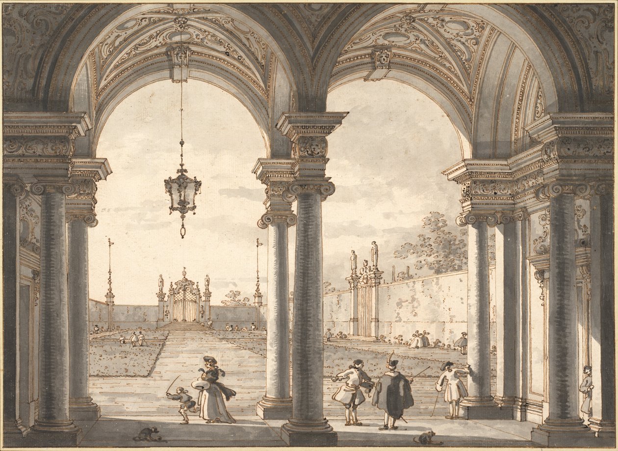 Kilátás a barokk oszlopcsarnokon keresztül a kertbe, 1760-1768 alkotó: Giovanni Antonio Canal