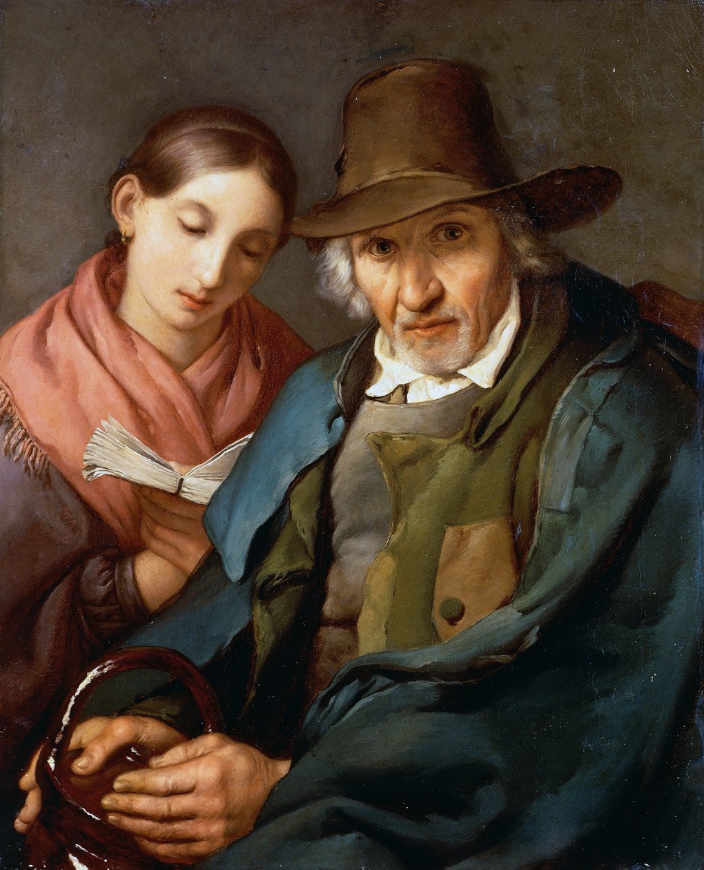 Idős férfi és egy könyvet olvasó fiatal közember alakja, Giovanni Carnovali, ismertebb nevén Piccio (1804-1873), olaj, vászon, 72x59 cm alkotó: Giovanni Carnovali