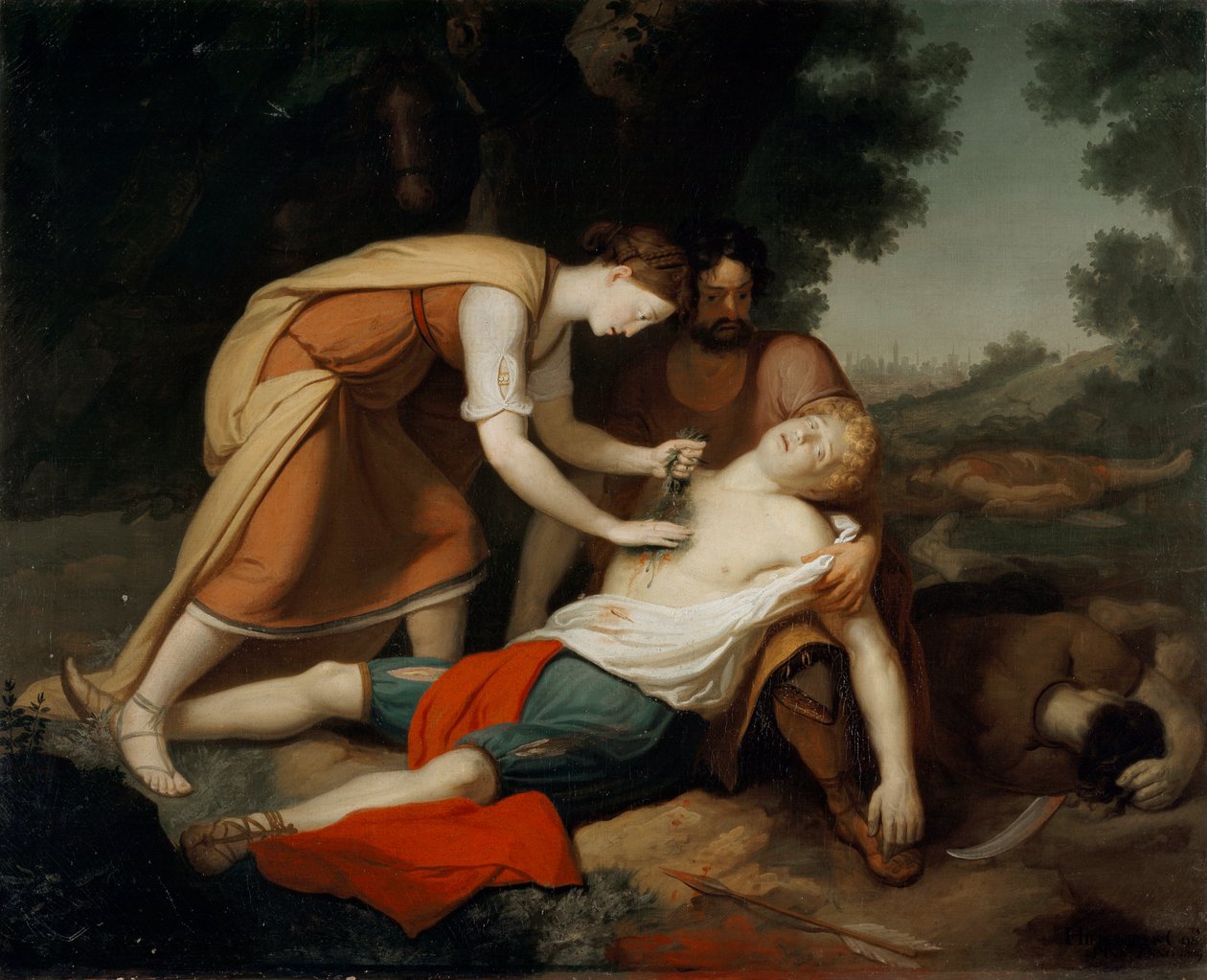Erminia és Vafrino felfedezik a megsebesült Tancrede-t (19. dal Jeruzsálemből, szállította Torquato Tasso) (Festmény alkotó: Giovanni Costa