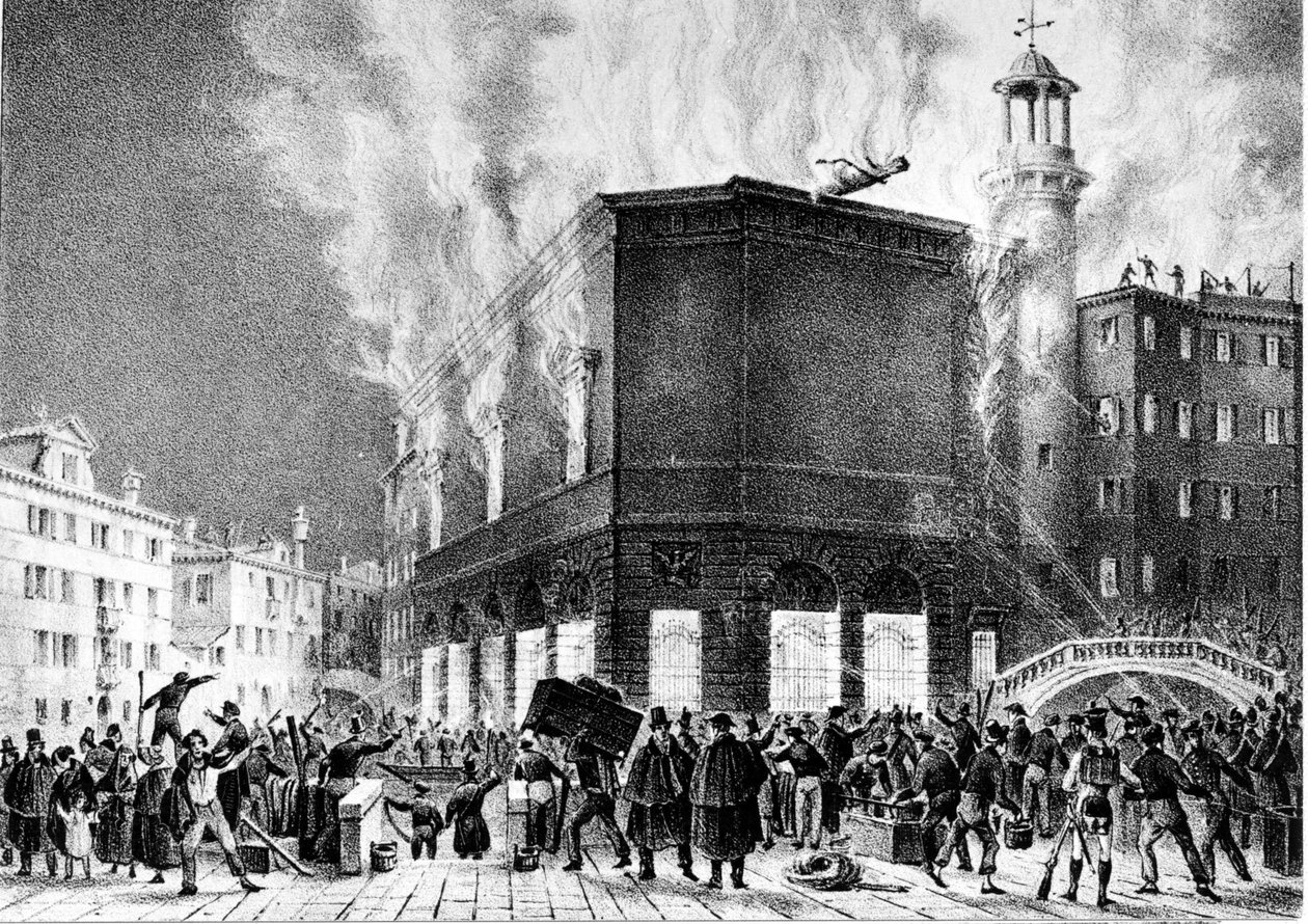 A velencei La Fenice színház tüze 1836-ban. Giovanni Pividor metszete. Milánó, Konzervatórium G. Verdi. alkotó: Giovanni (after) Pividor